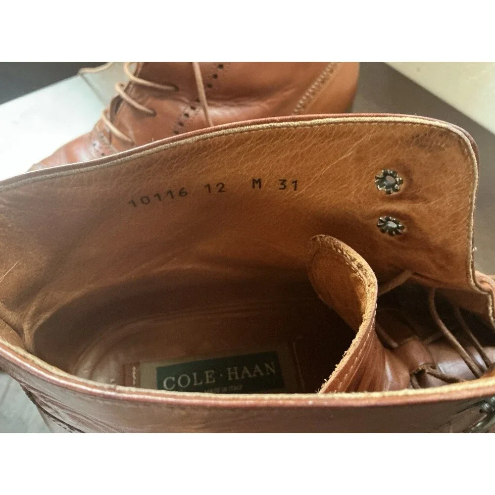 Vintage Cole Haan 10116 Italy Mens 12 M Brown Leather Wingtip Brogue Dress Boots - Picture 5 of 7
